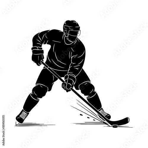 Ice hockey player logo icon vector. Hockey stick and puck logo set silhouettes vector on a white background