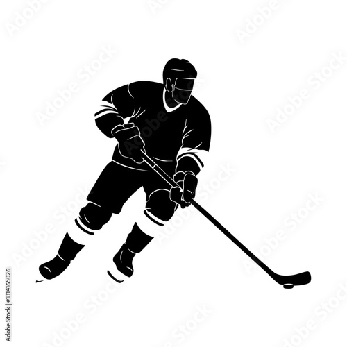 Ice hockey player logo icon vector. Hockey stick and puck logo set silhouettes vector on a white background