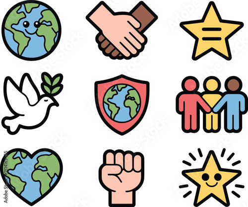 Peace & Unity Icons Set – Globe, Handshake, Equality Star, Dove, Shield, Group People, Heart Earth, Fist, Star Smile Vector Illustration