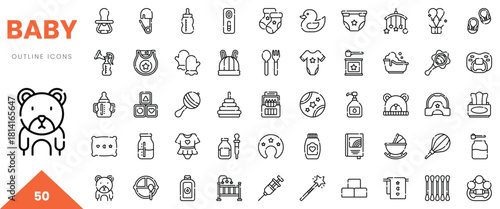 Collection of baby-related outline icons featuring toys, feeding items, and nursery essentials.