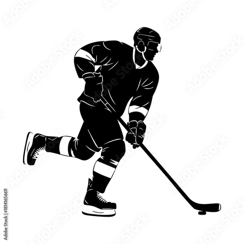Ice hockey player logo icon vector. Hockey stick and puck logo set silhouettes vector on a white background