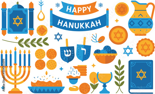 Hanukkah celebration elements with menorah dreidels and food