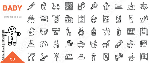 A collection of 50 outline icons related to babies, featuring toys and essential items.