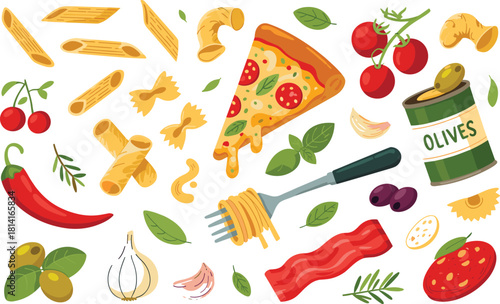 Italian food ingredients and pizza slice illustration