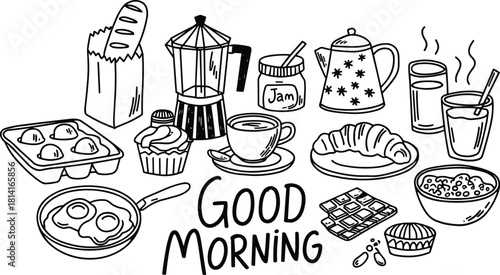 Hand drawn breakfast food and drinks with good morning text