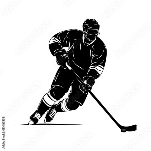 Ice hockey player logo icon vector. Hockey stick and puck logo set silhouettes vector on a white background