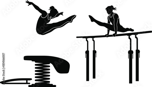 Female gymnast performing vault jump and parallel bar routine, artistic gymnastics silhouette illustration, professional athlete sports vector design for fitness concept