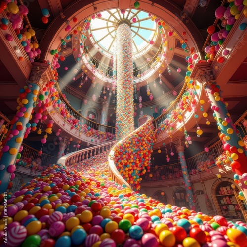 Whimsical torrent of rainbow gumballs and balloons swirling down ornate spiral staircase in sun-drenched candy palace atrium.