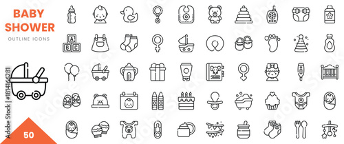 A collection of 50 outline icons representing baby shower themes and essentials.