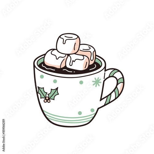 Holiday hot chocolate mug with marshmallows and candy cane design  