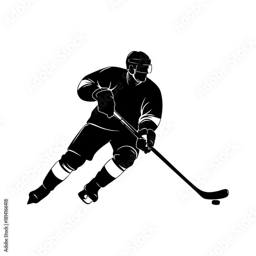Ice hockey player logo icon vector. Hockey stick and puck logo set silhouettes vector on a white background