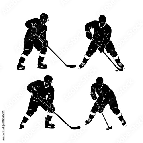 Ice hockey player logo icon vector. Hockey stick and puck logo set silhouettes vector on a white background
