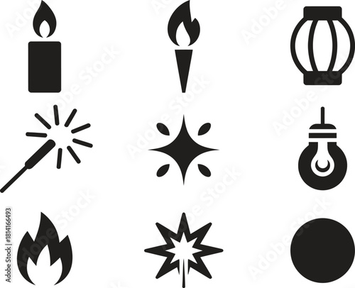 Fire & Light Icons Set – Candle, Torch, Lantern, Sparkler, Starburst, Flame, Glow, Minimal Silhouette Symbols Vector Illustration