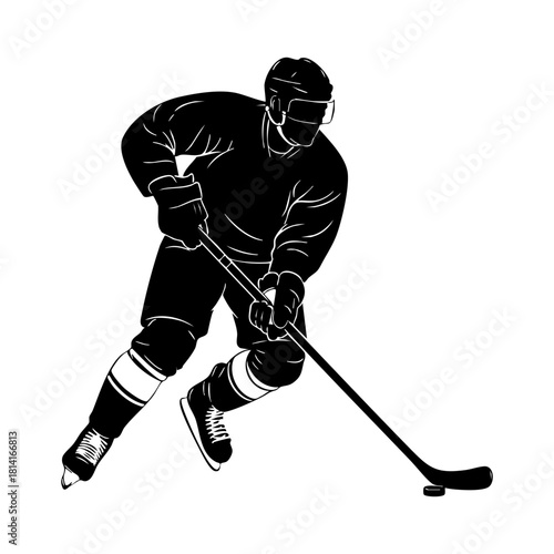 Ice hockey player logo icon vector. Hockey stick and puck logo set silhouettes vector on a white background
