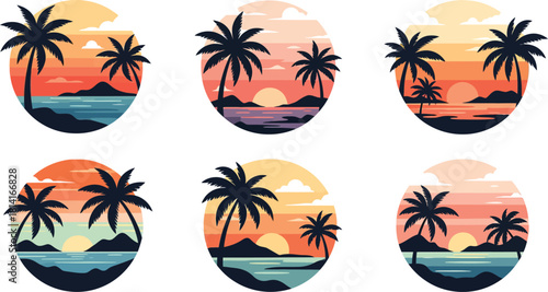 Vibrant oval tropical sunset beach scenes featuring silhouette palm trees and calm ocean waters with warm hues of orange pink and yellow