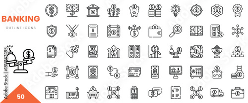 A collection of outline icons representing various banking concepts and services.
