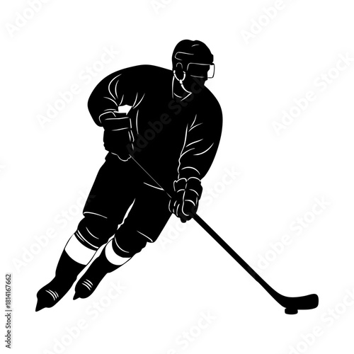 Ice hockey player logo icon vector. Hockey stick and puck logo set silhouettes vector on a white background