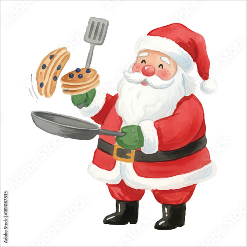 Santa Claus cooking pancakes with a frying pan, watercolor illustration isolated on black background
