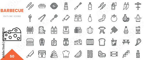 A collection of barbecue-themed outline icons featuring various grilling tools and food items.