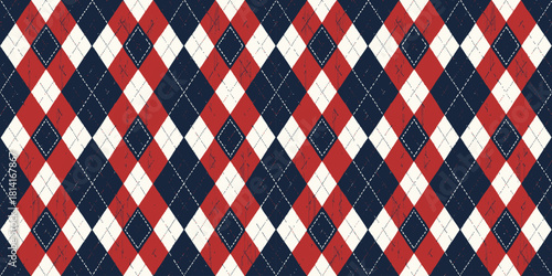 A vibrant argyle pattern in red, white, and navy colors with a textured finish.