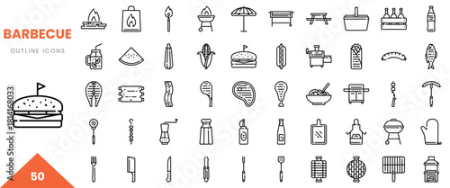A collection of barbecue-themed outline icons, showcasing various grilling essentials and food items.
