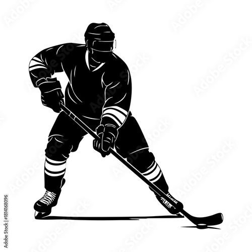 Ice hockey player logo icon vector. Hockey stick and puck logo set silhouettes vector on a white background