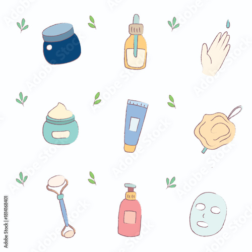 Skincare doodle vector isolated collection set. Clip art cartoon of cream, serum, moisturizer for asset, pattern, design, beauty