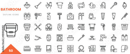 Collection of bathroom outline icons showcasing various hygiene and cleaning items.