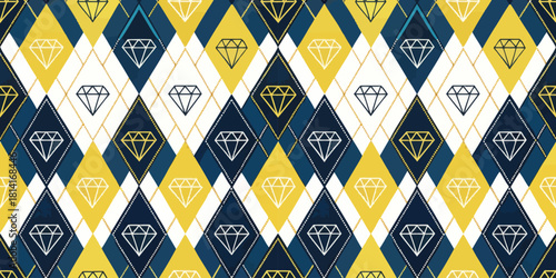 Geometric diamond pattern in navy, yellow, and white colors, creating a vibrant, modern design.
