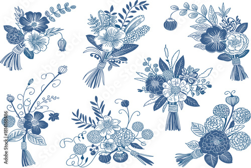 Hand-drawn floral bouquet set in blue sketch style, rustic, vintage flower arrangements, bundle of wildflowers, decorative vector elements for wedding or invitations