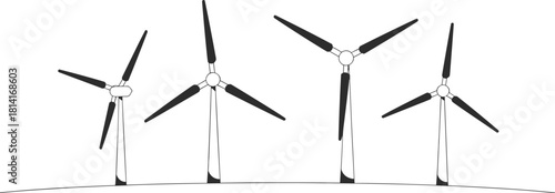 Minimalist wind turbine farm vector illustration showing clean renewable energy generation concept with eco-friendly windmill silhouettes on white background design.