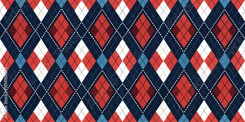 Colorful argyle pattern in red, blue, and white, creating a vibrant and dynamic textile design.