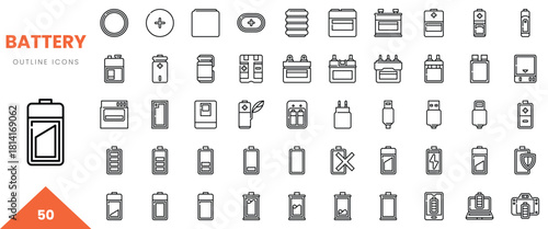 Set of 50 outline icons representing various types of batteries and charging symbols.