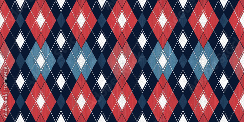 Vibrant geometric pattern featuring red, blue, and white diamonds on a dark background.