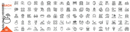 Various beach-themed outline icons showcasing summer activities and relaxation.
