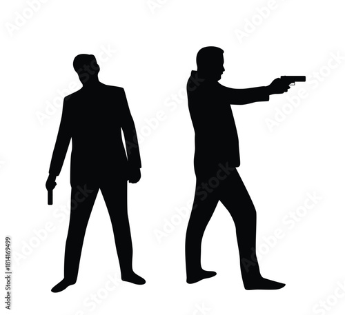 Business Man with a Gun Different Poses Set. People and professions, activity vector art