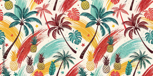 Vibrant tropical pattern featuring palm trees and pineapples in bold colors.
