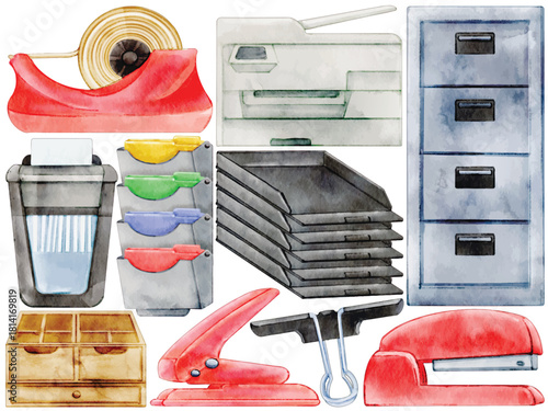 Watercolor Office Supplies Clip Art Set Workplace Equipment Printer Photocopier Shredder Filing Cabinet Stapler Tape Dispenser Paper Tray Hole Punch Binder Clip Illustration Corporate