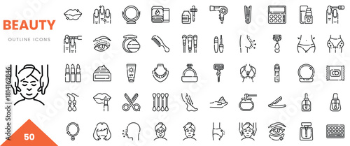 A collection of 50 outline icons representing beauty tools and treatments.