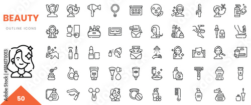 Diverse beauty outline icons showcasing skincare, cosmetics, and wellness tools.