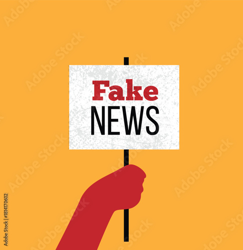 Hand Holding Sign Fake News Colorful Background. Mass media and spreading false information vector art