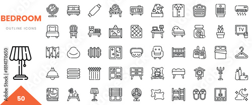 A collection of outline icons representing various bedroom elements and furniture.