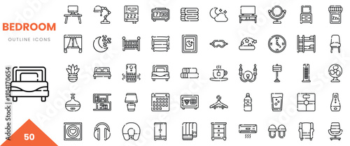 A collection of 50 outline icons depicting various bedroom elements and furniture styles.