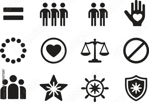 Human Rights Icons – Equality, Circle, Balance Scale, Star, Community, Shield Outline Set