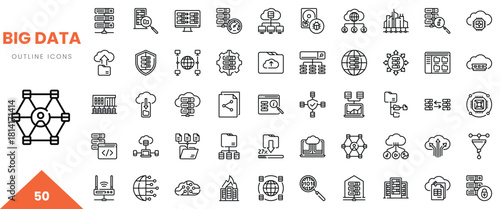 A collection of 50 big data outline icons showcasing various technologies and concepts.
