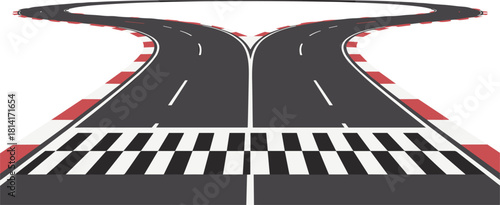 Race track split into two divergent paths from the checkered starting line, motorsport, choice, competition, opportunity, and challenge vector illustration
