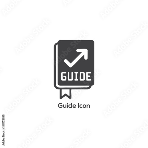 Guide book icon with arrow checkmark, tutorial instruction manual, help documentation symbol, learning reference vector illustration for app interface


