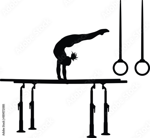 Silhouette of female gymnast performing handstand on parallel bars with gymnastic rings, elegant fitness strength training vector illustration for design projects