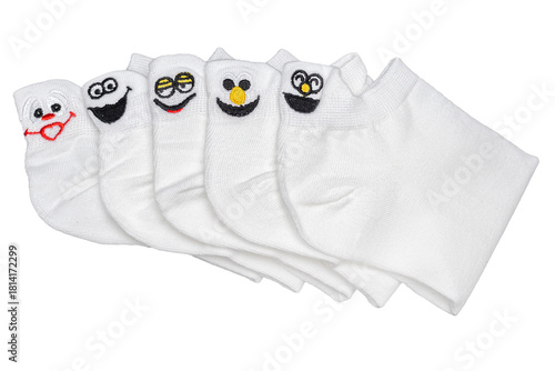 White socks with funny faces isolated on white background, clipping path included