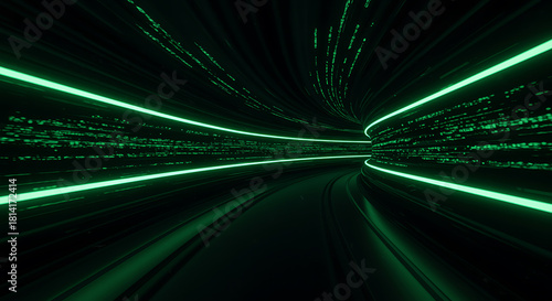 Fototapeta Naklejka Na Ścianę i Meble -  Abstract dark tunnel with glowing green neon light lines and digital data streams moving rapidly, representing cyberspace, technology, and virtual reality speed